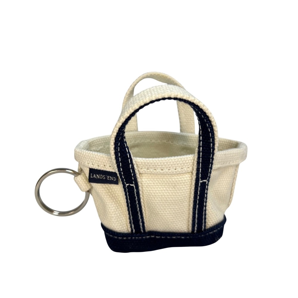 Lands End Mini Canvas Tote Bag Keychain Cream Navy Blue Boat and Tote Accessory